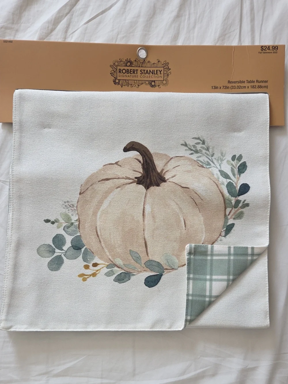 Robert Stanley Cream Pumpkin Reversible Table Runner with Green Plaid Accent